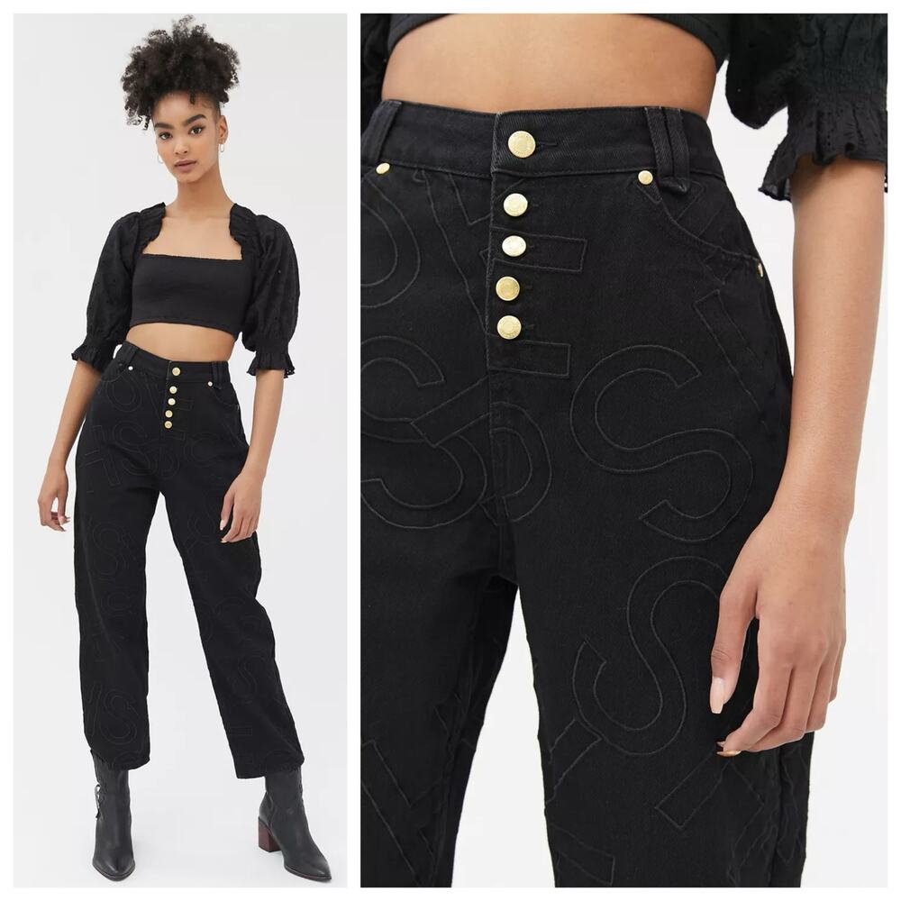 House of Sunny Staple Embroidered Jeans Size 6 Black Denim Cropped Straight Leg